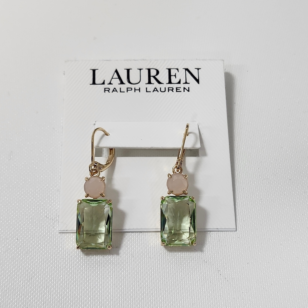 NWT Ralph Lauren Gold-Tone Green/Pink Stone Double Drop Earrings